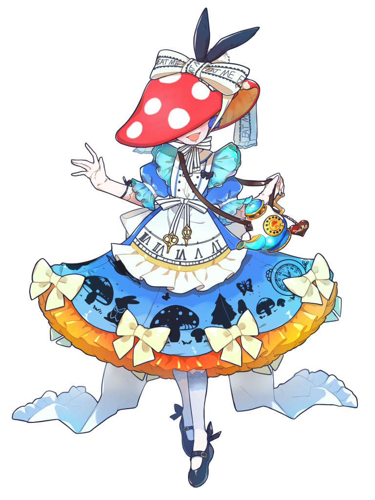 1girl, :d, blue_dress, bow, clock_print, dairoku_ryouhei, dress, dress_bow, drink_me, eat_me, facing_viewer, food_print, full_body, gloves, hat, hat_bow, mary_janes, mushroom_hat, mushroom_print, new_chigusa, open_mouth, pantyhose, petit_grande, puffy_short_sleeves, puffy_sleeves, shoes, short_sleeves, smile, socks, standing, teapot, white_gloves, white_pantyhose