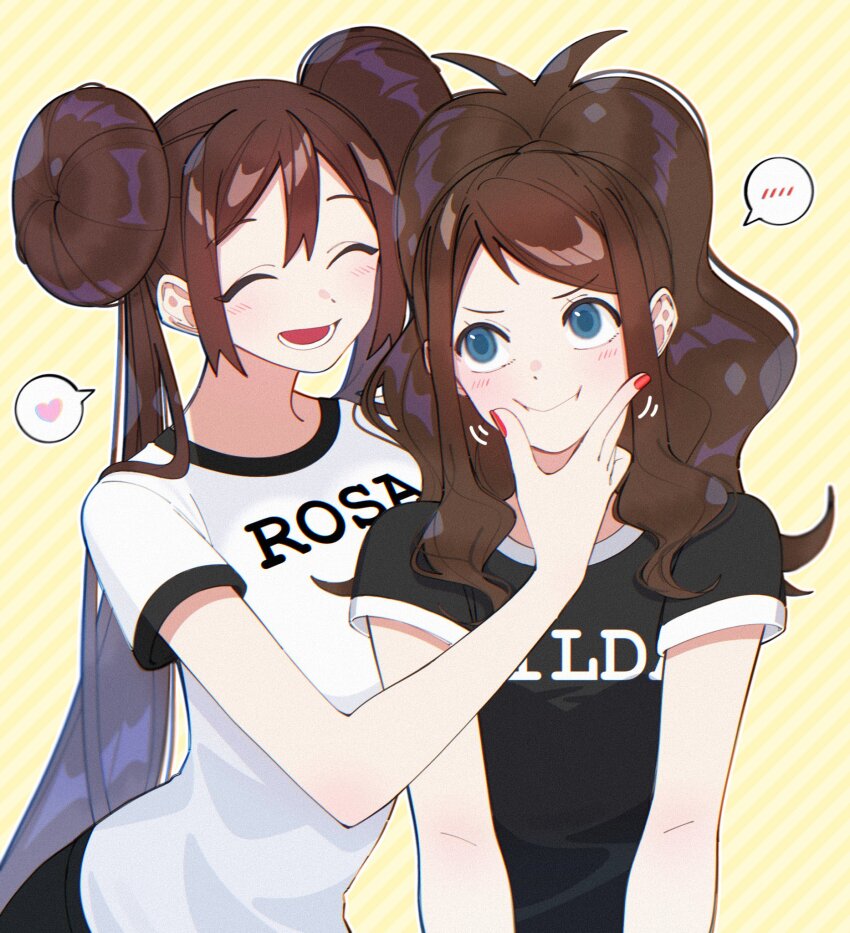 2girls, :d, :i, alternate_costume, black_shirt, blush, brown_hair, closed_eyes