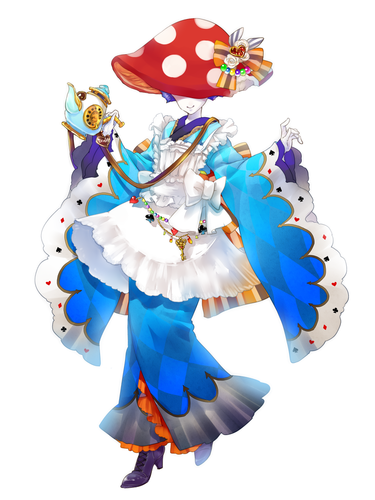 1girl, black_footwear, blue_dress, bow, club_(shape), dairoku_ryouhei, diamond_(shape), dress