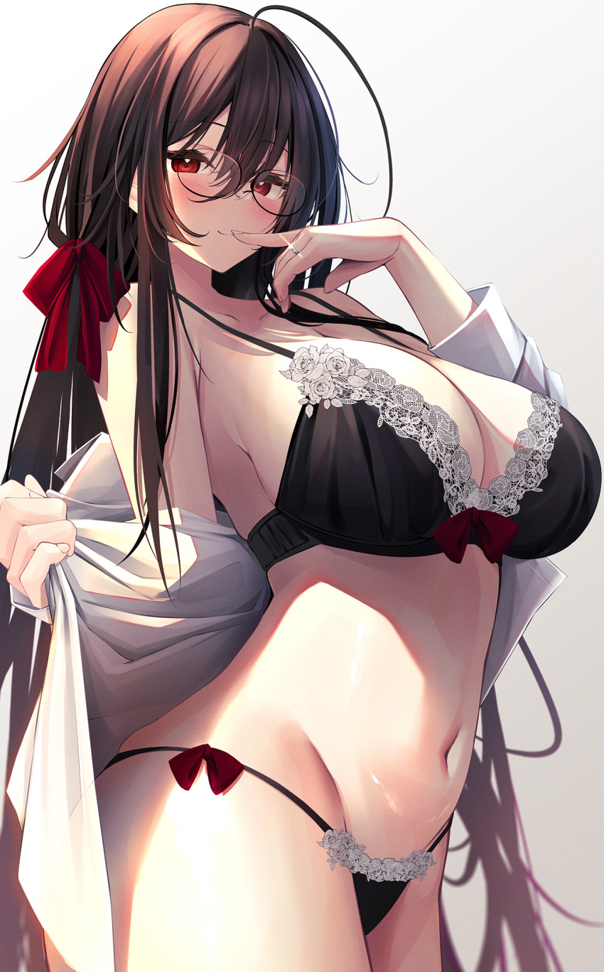 1girl, ahoge, azur_lane, black_bow, black_bra, black_hair, black_panties, bow, bra, breasts, crossed_bangs, finger_to_mouth, highres, huge_ahoge, jewelry, lace, lace-trimmed_bra, lace-trimmed_panties, lace_trim, large_breasts, long_hair, mutsumi_nemuru, navel, official_alternate_costume, open_clothes, open_shirt, panties, red_hair, ring, round_eyewear, string_panties, taihou_(azur_lane), taihou_(sweet_time_after_school)_(azur_lane), underwear