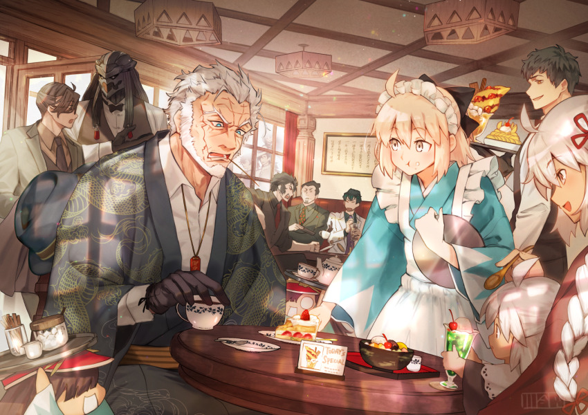 3girls, 6+boys, ahoge, alternate_costume, apron, armor, beard, black_bow