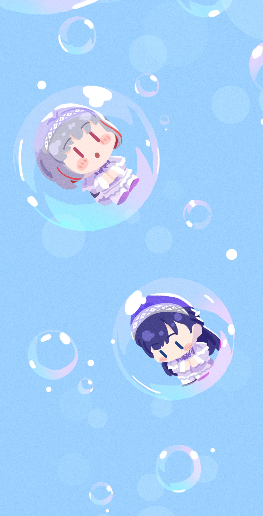 2girls, :o, air_bubble, ao_to_shabon_(love_live!), blue_background, blue_eyes, blue_hair, blush