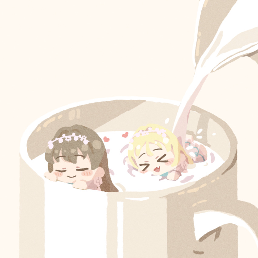 >_<, 2girls, :d, =_=, afloat, blonde_hair, blush_stickers, brown_background, brown_hair, chibi, chibi_only, closed_mouth, coffee_mug, cup, fang, fujishima_megumi, hair_down, heart, in_container, link!_like!_love_live!, long_hair, love_live!, milk, milk_(love_live!), mini_person, minigirl, mira-cra_park!, mug, multiple_girls, official_alternate_costume, official_alternate_hairstyle, open_mouth, osawa_rurino, parted_bangs, partially_submerged, pitcher_(container), pouring_onto_another, skin_fang, smile, sunkeun, xd