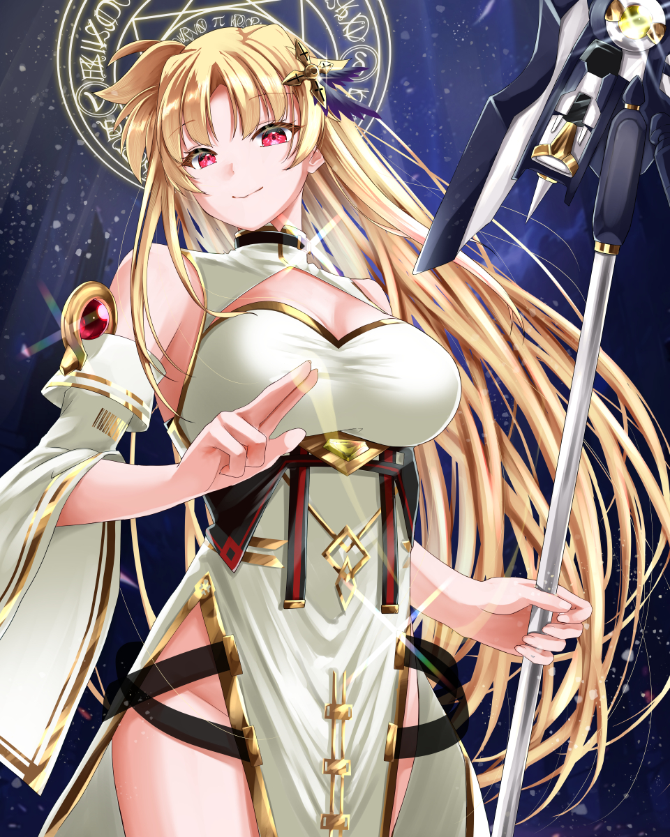 1girl, bardiche_(javelin_form)_(nanoha), bardiche_(nanoha), breasts, brown_hair, cleavage_cutout, clothing_cutout, commentary_request, detached_sleeves, dress, fate_testarossa, groin, hair_ornament, highres, holding, holding_polearm, holding_weapon, large_breasts, long_hair, lyrical_nanoha, magic_circle, polearm, raising_heart, red_eyes, schwertkreuz, schwertkreuz_(standby_form), side_slit, single_detached_sleeve, solo, sougetsu_izuki, underbust, weapon