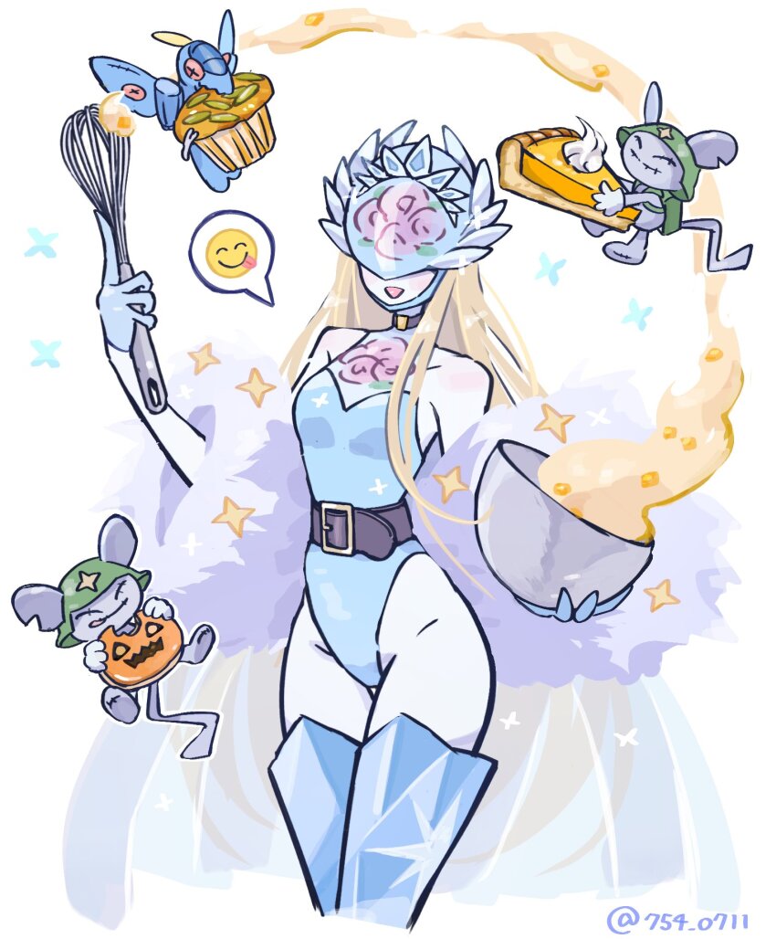 1girl, aqua_leotard, baking, bare_shoulders, bird, boots, breasts, cendrillmon, cendrillmon's_mouse, cheesecake, coat, colored_skin, covered_eyes, digimon, digimon_(creature), eating, floral_print, food, fur_coat, helmet, helmet_over_eyes, highleg, highleg_leotard, highres, leotard, medium_breasts, mouse_(animal), muffin, nagoshi, print_headwear, rose_print, simple_background, smile, smiley_face, speech_bubble, star_(symbol), stuffed_animal, stuffed_toy, thigh_boots, twitter_username, whisk, white_background, white_skin, wide_hips