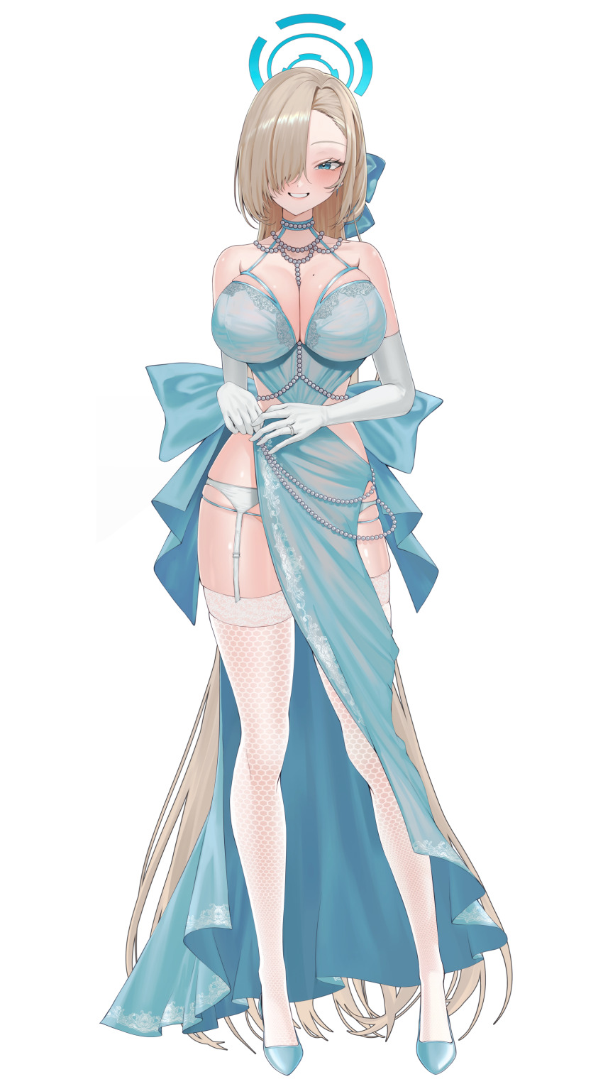 1girl, absurdly_long_hair, absurdres, alternate_costume, asuna_(blue_archive), asymmetrical_bangs, bare_shoulders, beads, blue_archive, blue_eyes, blue_footwear, blue_halo, breasts, cleavage, commentary, contrapposto, dress, elbow_gloves, fishnet_thighhighs, fishnets, full_body, garter_belt, gloves, hair_over_one_eye, halo, high_heels, highres, jewelry, large_breasts, light_brown_hair, long_bangs, long_hair, looking_at_viewer, meraring, mole, mole_on_breast, one_eye_covered, pelvic_curtain, ring, sideless_outfit, simple_background, smile, solo, standing, straight-on, thighhighs, train_(clothing), very_long_hair, wedding_dress, wedding_ring, white_background, white_gloves