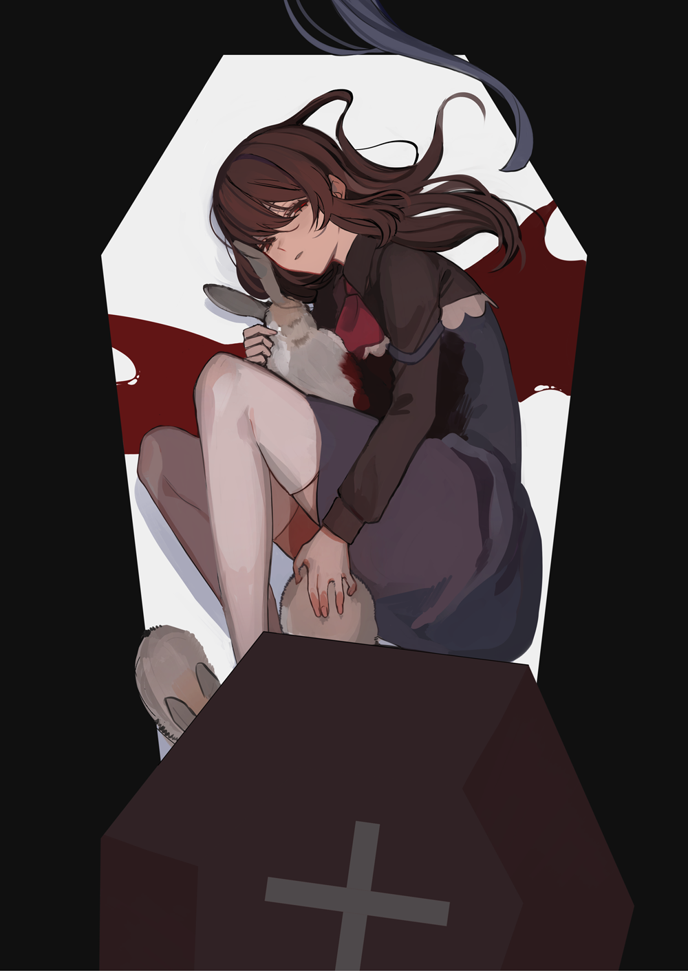1girl, 7wata_himori, black_background, black_shirt, blood, blue_dress, brown_hair, coffin