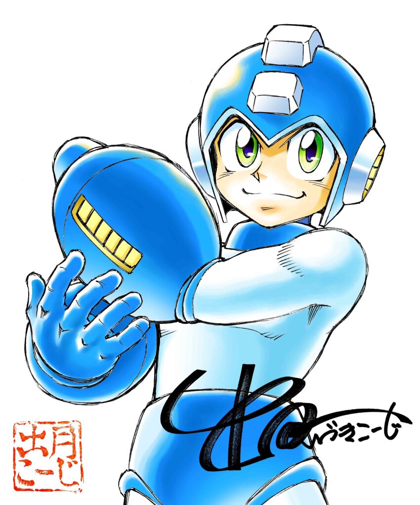 1boy, android, arm_cannon, artist_logo, blue_bodysuit, blue_helmet, bodysuit, cowboy_shot