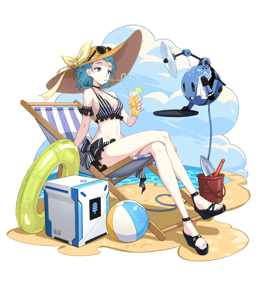 1girl, absurdres, ball, beach, beach_chair, beachball, bikini, bikini_skirt