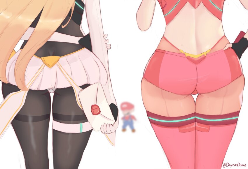 1boy, 2girls, arms_behind_back, artist_name, ass, ass_focus, back, backless_outfit