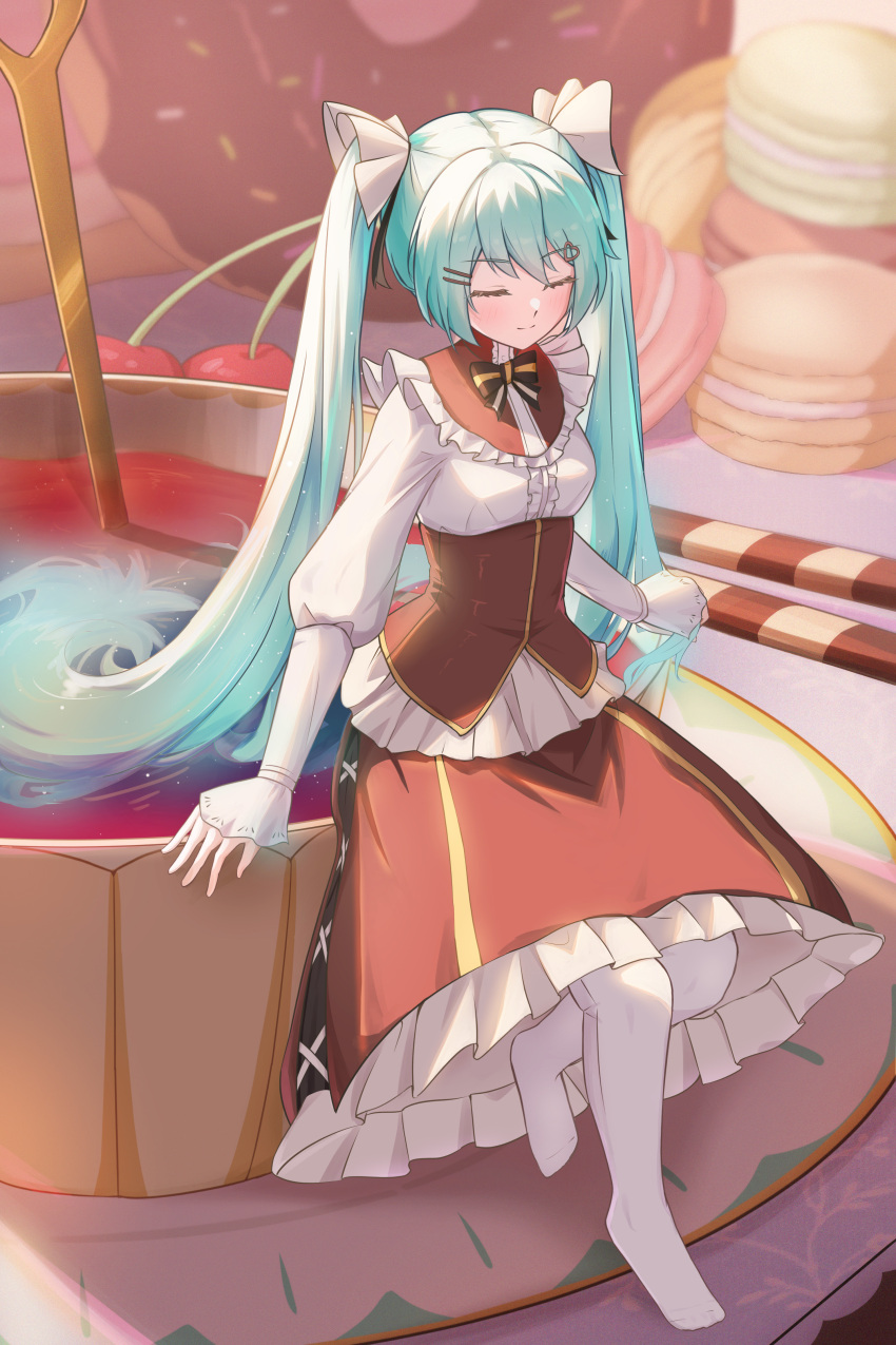 1girl, absurdres, aqua_hair, black_bow, black_bowtie, black_ribbon, blurry, blush