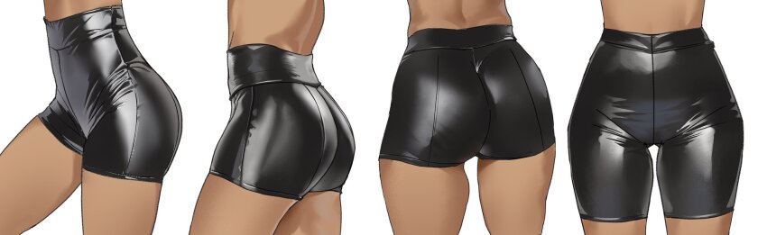 1girl, art_study, ass, ass_focus, bike_shorts, black_shorts, commentary, covered_navel, dark-skinned_female, dark_skin, english_commentary, high-waist_shorts, highres, latex, latex_shorts, lower_body, material_study, multiple_views, original, shorts, simple_background, tbocart, thighs, tight_clothes, white_background