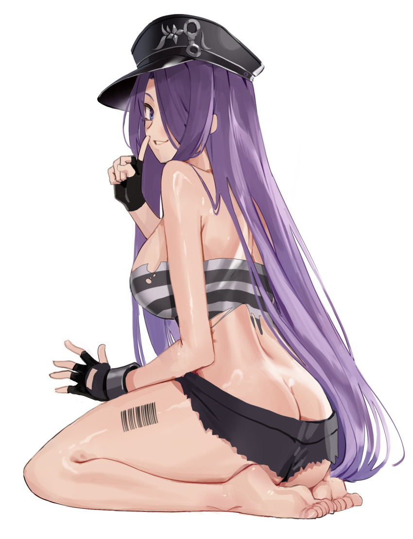 1girl, ass, back, bandeau, barcode, barcode_tattoo, bare_legs, bare_shoulders, barefoot, black_gloves, black_hat, black_shorts, black_survival, blue_eyes, breasts, butt_crack, eternal_return:_black_survival, finger_to_mouth, fingerless_gloves, from_behind, gloves, goback, grin, hair_over_one_eye, hat, highres, large_breasts, laura_(black_survival), long_hair, looking_at_viewer, looking_back, micro_shorts, midriff, peaked_cap, purple_hair, seiza, shorts, shushing, sideboob, sitting, smile, solo, tattoo, thighs, torn_clothes, torn_shorts, very_long_hair