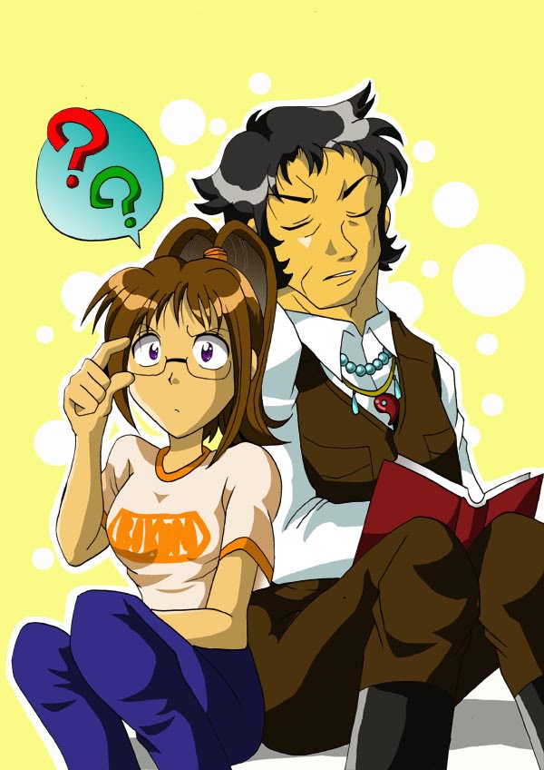 1boy, 1girl, ?, ??, artist_request, black_hair, book, brown_hair