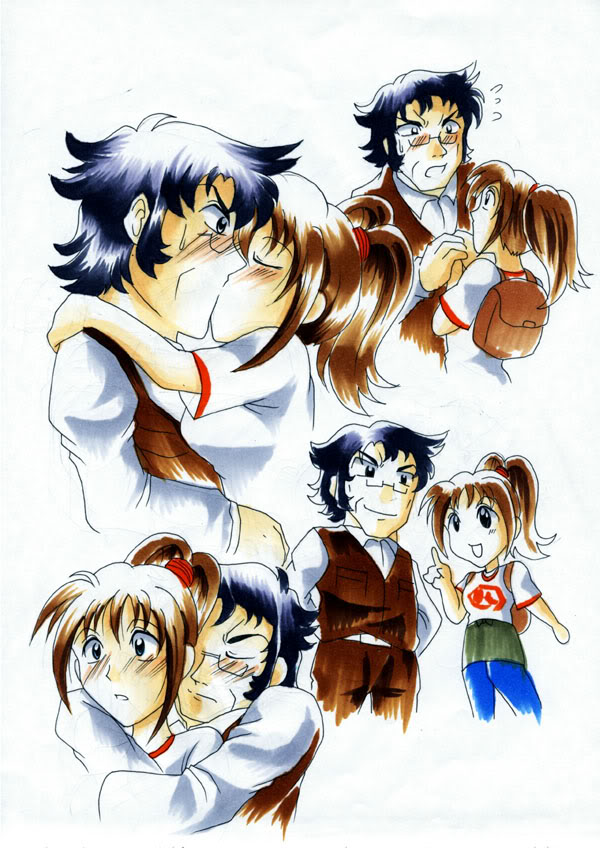 age_difference, artist_request, black_hair, blue_eyes, blush, brown_hair, carter_(forget-me-not_valley)_(harvest_moon), couple