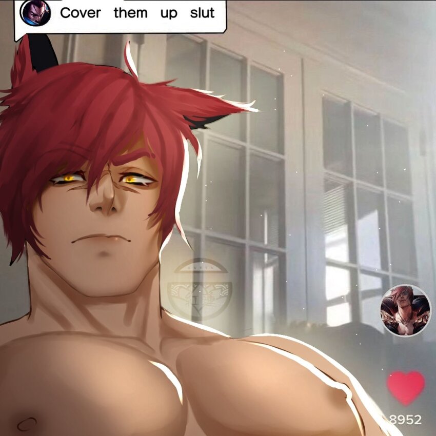 1boy, bara, cover_them_up_slut_(meme), dialogue_box, english_text, indoors, league_of_legends, light_frown, looking_at_viewer, male_focus, meme, nipples, nude, photo_background, renishi9, scar, scar_on_face, scar_on_nose, sett_(league_of_legends), short_hair, solo, upper_body
