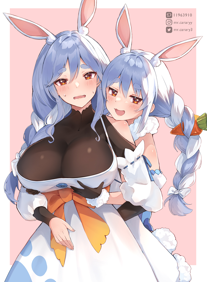 2girls, animal_ear_fluff, animal_ears, black_bodysuit, black_gloves, blue_hair, blush, bodysuit, bow, braid, braided_ponytail, breasts, carrot_hair_ornament, cleavage, don-chan_(usada_pekora), dress, food-themed_hair_ornament, fur-trimmed_dress, fur-trimmed_gloves, fur_trim, gloves, grabbing_another's_breast, groping, hair_bow, hair_ornament, hololive, large_breasts, looking_at_viewer, mature_female, mother_and_child, mother_and_daughter, mr.canaryy, multicolored_hair, multiple_girls, open_mouth, orange_eyes, parent_and_child, pekomama, rabbit-shaped_pupils, rabbit_ears, rabbit_girl, short_eyebrows, smile, streaked_hair, symbol-shaped_pupils, twin_braids, usada_pekora, usada_pekora_(1st_costume), virtual_youtuber, white_bow, white_dress, white_hair