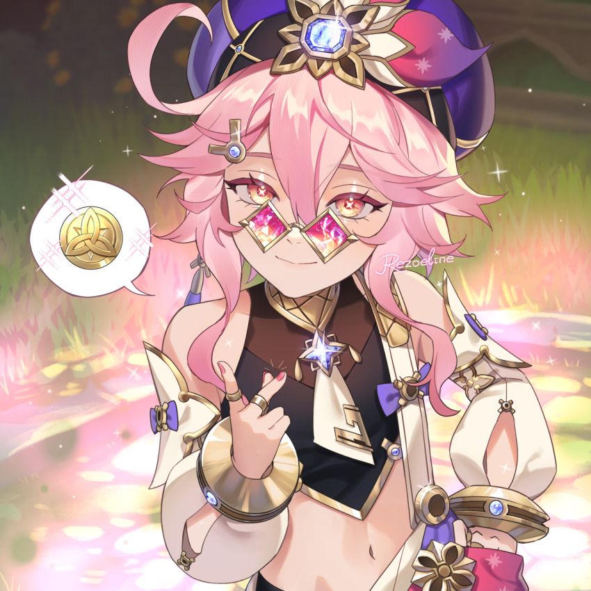 1girl, arabian_clothes, artist_name, bare_shoulders, black_shirt, blue_gem, blurry, blurry_background