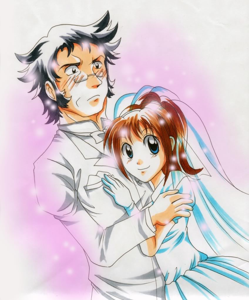 age_difference, artist_request, black_hair, blue_eyes, blush, bow, bowtie, bride