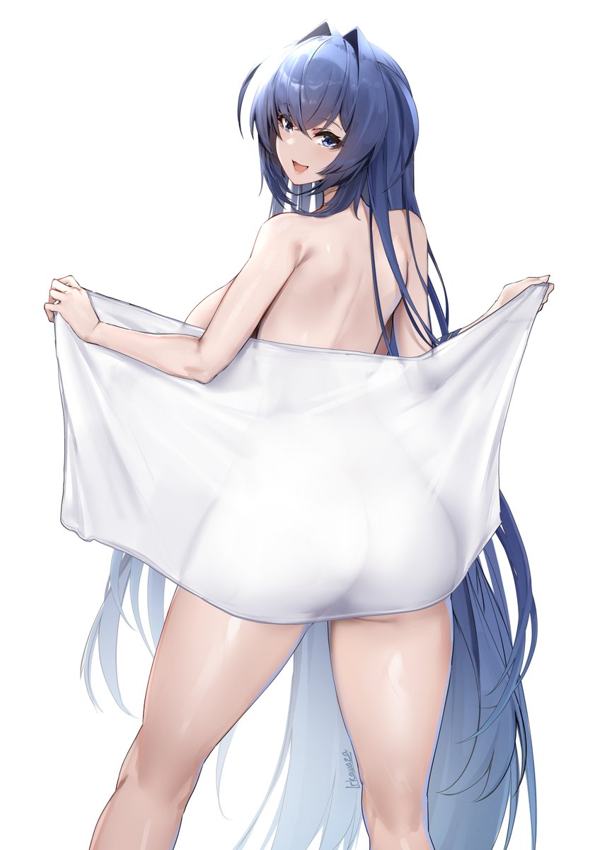 1girl, artist_name, ass, azur_lane, blue_eyes, blue_hair, breasts, covering_privates, from_behind, highres, holding, holding_towel, irkawaza, large_breasts, long_hair, looking_at_viewer, looking_back, new_jersey_(azur_lane), nude_cover, simple_background, smile, towel, uss_new_jersey_(bb-62), very_long_hair, white_background