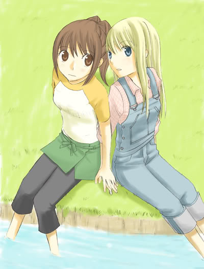 2girls, artist_request, blonde_hair, blue_eyes, brown_eyes, brown_hair, capri_pants, claire_(bokujou_monogatari)