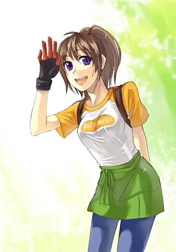 1girl, artist_request, backpack, bag, brown_hair, female_focus, gloves, gradient_background, harvest_moon, jill_(harvest_moon), lowres, pants, pantyhose, ponytail, purple_eyes, raglan_sleeves, randoseru, shirt, skirt, solo, t-shirt, tagme