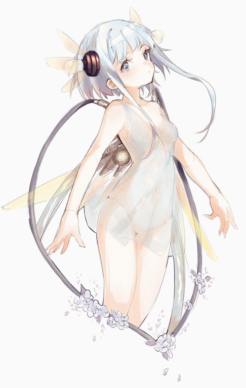 1girl, android, blue_eyes, blue_hair, breasts, c0mfortcha1n, dress, expressionless