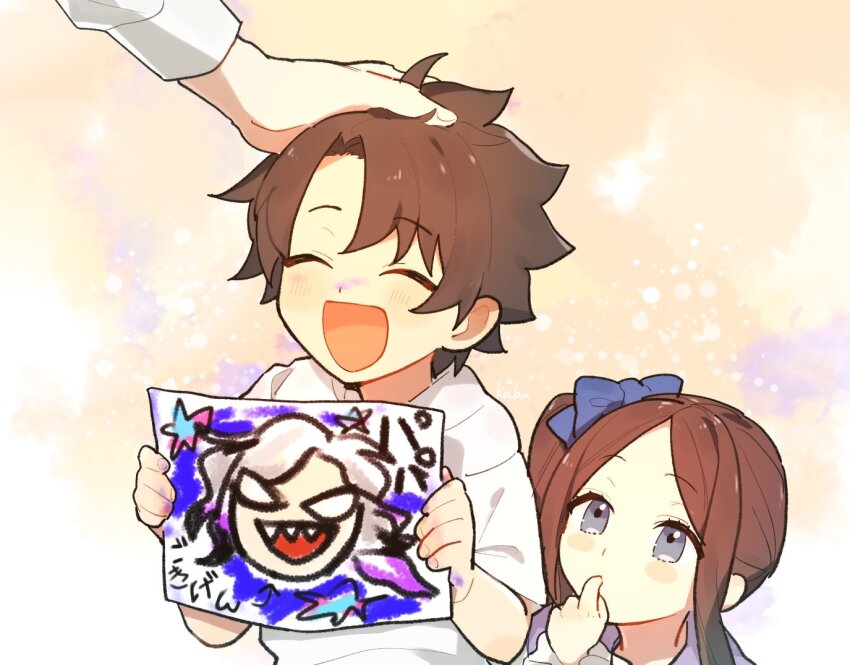 1girl, 2boys, aged_down, black_hair, blue_eyes, blush_stickers, brown_hair, child's_drawing