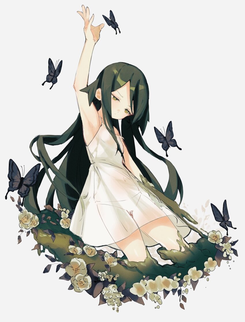 1girl, arm_up, bare_shoulders, blush, bug, butterfly, c0mfortcha1n, dress, expressionless, flower, green_eyes, green_hair, highres, insect, long_hair, looking_down, navel, panties, saya_(saya_no_uta), saya_no_uta, see-through_clothes, see-through_dress, simple_background, solo, underwear, very_long_hair, white_background, white_dress, white_panties