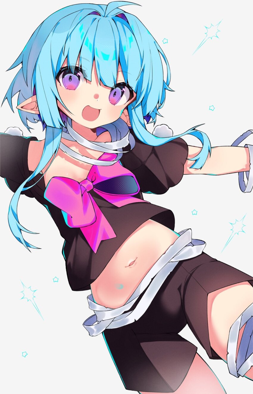 1girl, bandaged_leg, bandages, blue_hair, bow, c0mfortcha1n, crop_top, flat_chest