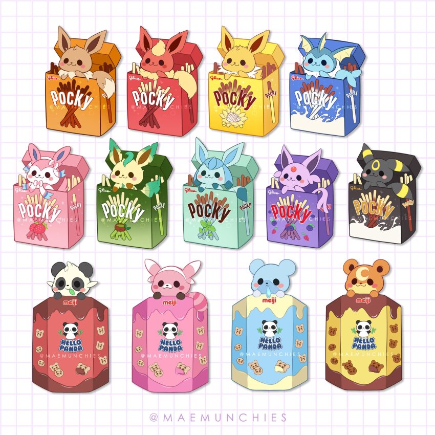bear, blush, box, cubchoo, eevee, espeon, flareon, food, gen_1_pokemon, gen_2_pokemon, gen_4_pokemon, gen_5_pokemon, gen_6_pokemon, gen_7_pokemon, glaceon, hello_panda, highres, jolteon, leafeon, mae_munchies, nintendo, no_humans, pancham, panda, pocky, pokemon, pokemon_(creature), smile, stufful, sylveon, teddiursa, twitter_username, umbreon, vaporeon
