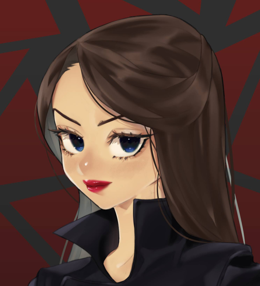 1girl, black_eyes, black_hair, blush, breasts, brown_hair, chicken31, cleavage