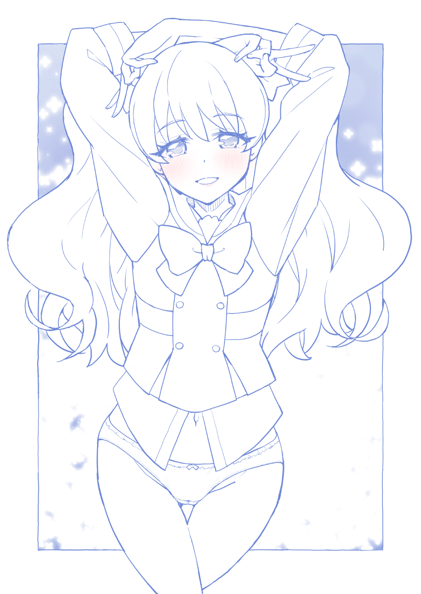 1girl, arms_behind_head, arms_up, blouse, blue_theme, blush, border, bow