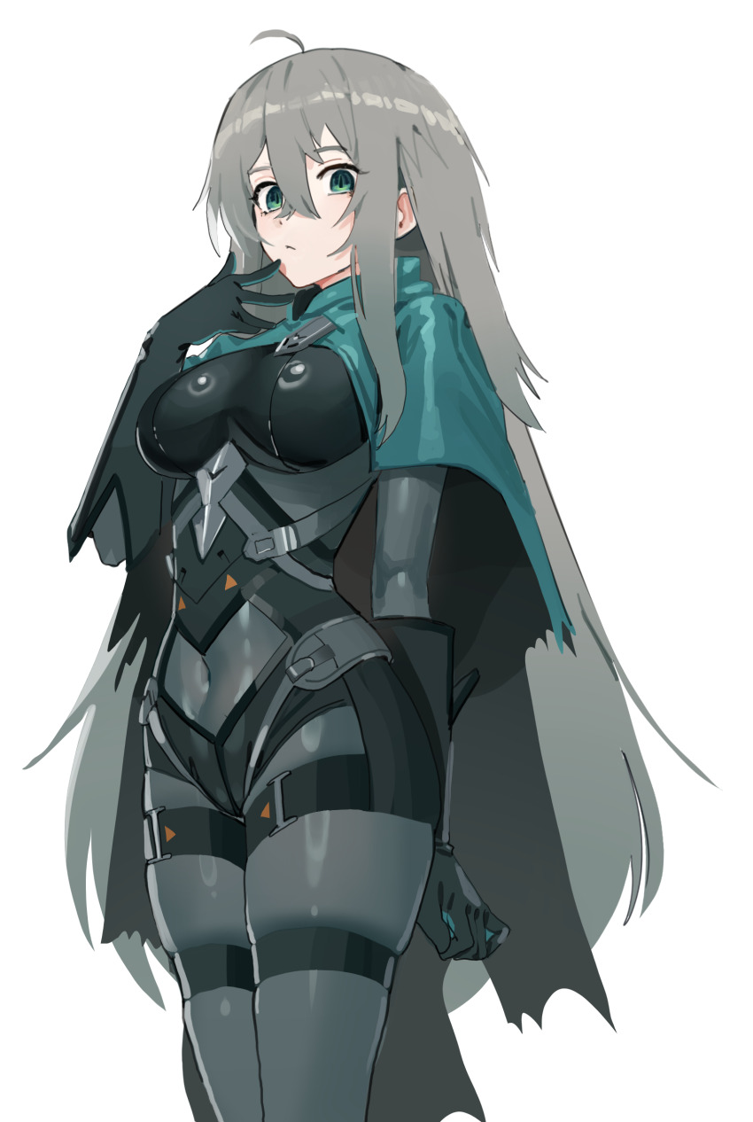 1girl, absurdres, ahoge, black_gloves, black_survival, breasts, cloak, covered_navel, eternal_return:_black_survival, gloves, goback, green_eyes, grey_hair, hair_between_eyes, highres, katja_(black_survival), large_breasts, long_hair, multicolored_bodysuit, skindentation, slit_pupils, solo, standing, two-tone_bodysuit, white_background