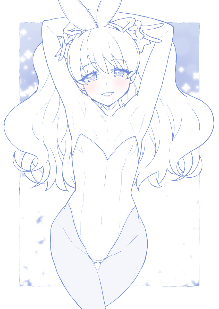 1girl, animal_ears, armpits, arms_behind_head, arms_up, blue_theme, blush, border, cleft_of_venus, commentary, covered_navel, cowboy_shot, crotch_seam, double_v, fake_animal_ears, flat_chest, half-closed_eyes, highres, kanie_(precure), large_variant_set, leotard, long_hair, looking_at_viewer, miyagoe_yoshitsuki, monochrome, navel, open_mouth, outside_border, playboy_bunny, precure, rabbit_ears, signature, smile, solo, spot_color, standing, strapless, strapless_leotard, thigh_gap, twintails, v, variant_set, wonderful_precure!