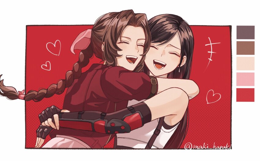 2girls, aerith_gainsborough, arms_around_another's_back, arms_around_neck, bare_shoulders, black_background, black_bra, border