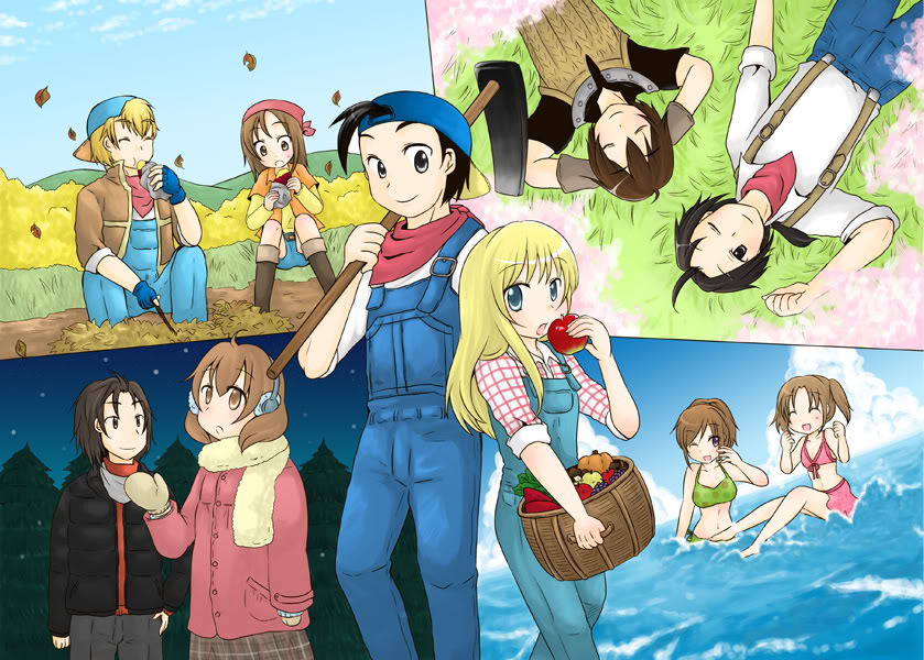 5boys, 5girls, apple, artist_request, autumn, character_request, chelsea_(harvest_moon), claire_(bokujou_monogatari), food, fruit, harvest_moon, hero_(harvest_moon), hikari_(bokujou_monogatari), jill_(harvest_moon), mark_(bokujou_monogatari), mittens, multiple_boys, multiple_girls, pete_(bokujou_monogatari), rune_factory, spring_(season), summer, tina_(bokujou_monogatari), winter, yuuki_(bokujou_monogatari)