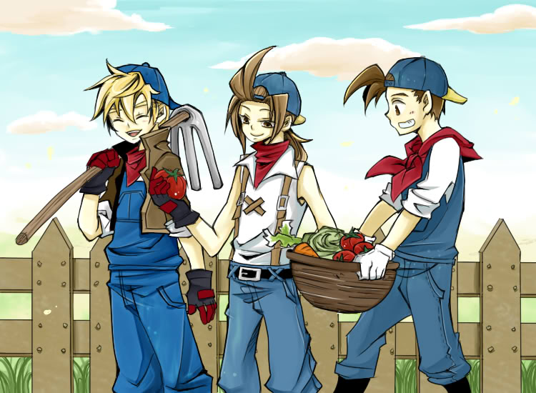 3boys, artist_request, blonde_hair, brown_eyes, brown_hair, closed_eyes, harvest_moon, hero_(harvest_moon)