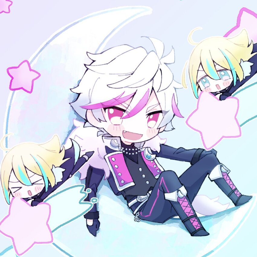 >_<, 3boys, black_footwear, black_jacket, black_pants, black_shirt, boots, chibi