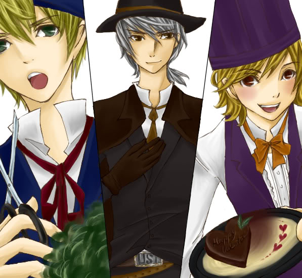 3boys, artist_request, blonde_hair, brown_eyes, green_eyes, harvest_moon, male_focus, mark_(bokujou_monogatari)