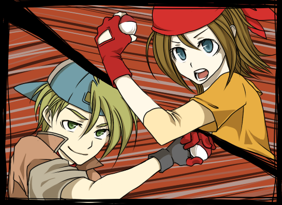 1boy, 1girl, artist_request, bandana, blonde_hair, blue_eyes, brown_hair, chelsea_(harvest_moon)