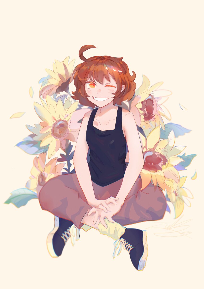 1girl, absurdres, brown_hair, flower, highres, orange_eyes, original, short_hair, simple_background, sleeveless, smile, sunflower, zukyomire