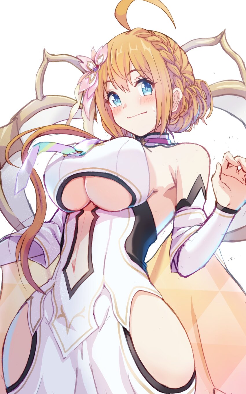 absurdres, ahoge, armpits, blue_eyes, braid, breasts, clothing_cutout, cosplay
