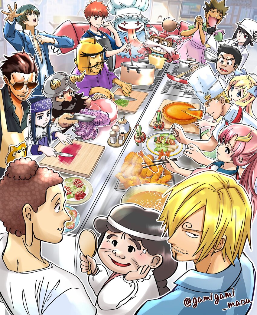 1other, 5girls, 6+boys, annotated, apron, artist_name, asirpa, black_apron