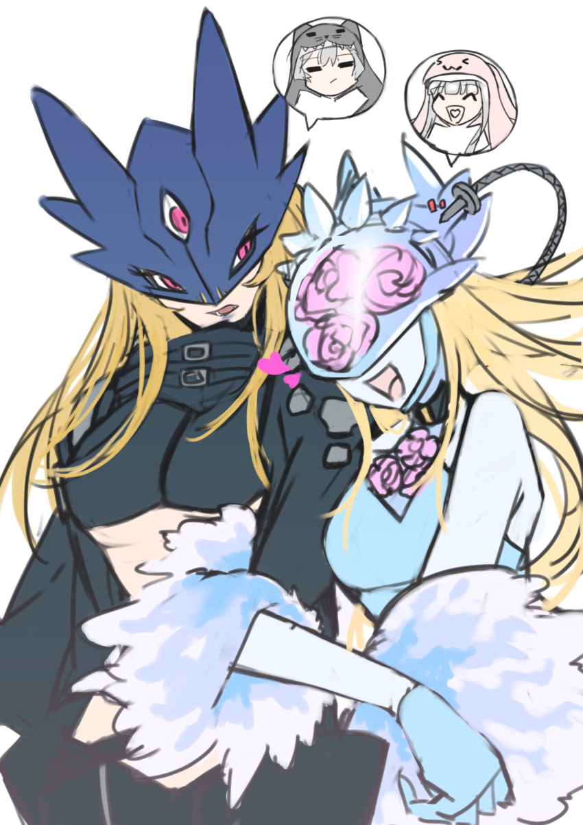 2girls, absurdres, aqua_gloves, aqua_leotard, bare_shoulders, beelstarmon, black_coat, black_shirt, blonde_hair, breasts, cendrillmon, coat, commentary_request, covered_eyes, crop_top, digimon, digimon_(creature), evolutionary_line, eye_mask, floral_print, fur_coat, gloves, helmet, helmet_over_eyes, highres, jiyuuya, large_breasts, leotard, locked_arms, long_hair, looking_at_another, mask, medium_breasts, multiple_girls, open_mouth, pink_eyes, print_headwear, print_helmet, print_leotard, rose_print, shirt, simple_background, sistermon_blanc, sistermon_noir, smile, speech_bubble, third_eye, underboob, upper_body, white_background