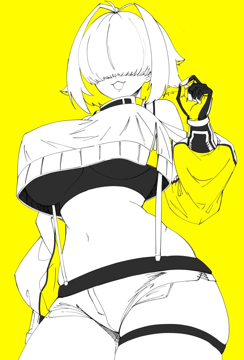 1girl, :d, absurdres, ahoge, analog1996, blonde_hair, breasts, clothing_cutout