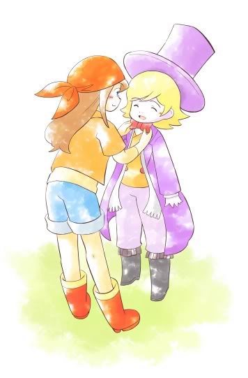 1boy, 1girl, artist_request, blonde_hair, brown_hair, chelsea_(harvest_moon), harvest_moon, height_difference