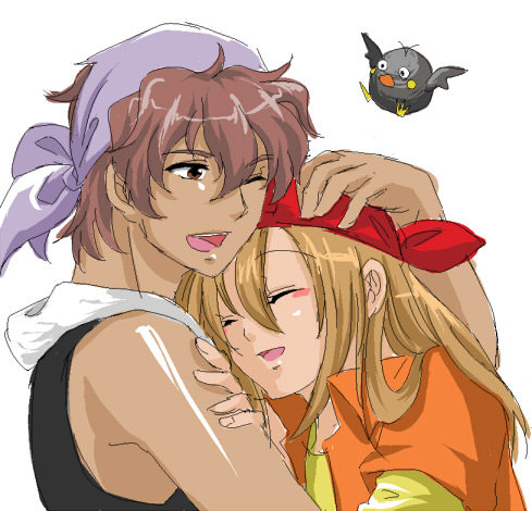 1boy, 1girl, artist_request, bandana, bird, blush, blush_stickers, brown_eyes, brown_hair, chelsea_(harvest_moon), couple, dark_skin, closed_eyes, hand_on_head, harvest_moon, hetero, hug, kai_(bokujou_monogatari), lowres, popper_(harvest_moon)