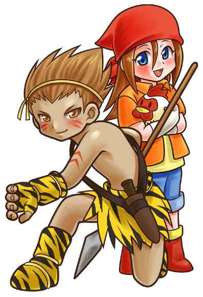 1boy, 1girl, artist_request, bird, chelsea_(harvest_moon), chicken, dark_skin, harvest_moon, shea_(harvest_moon), tagme