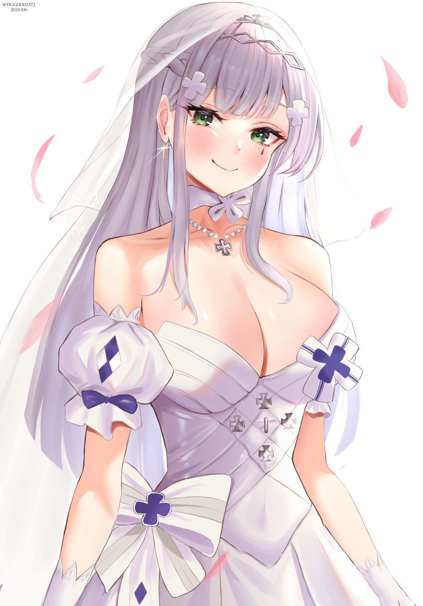 1girl, absurdres, blush, braid, breasts, bridal_veil, choker, cleavage